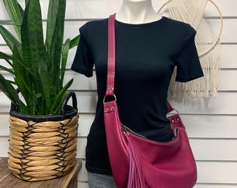 Berry leather half moon hobo bag, crossbody hobo bag,  Italian pebble grain leather purse, purple pink violet leather handbag