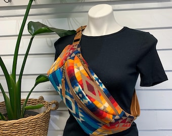 Crossbody Sling bag, wool and leather crossbody, Pilot Rock wool, waxed distressed brown cowhide leather crossbody pack, leather sling bag