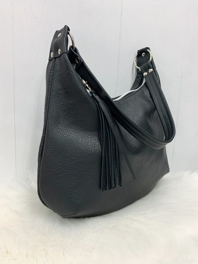 Black leather hobo bag small or large canvas lining zipper Etsy