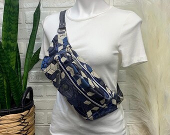 Crossbody Sling bag, woven wings geo floral wrap scrap, grey leather crossbody, leather sling bag, babywearing wrap scrap bag
