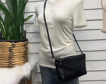 Black leather crossbody bag, Pebble grain leather, small crossbody clutch