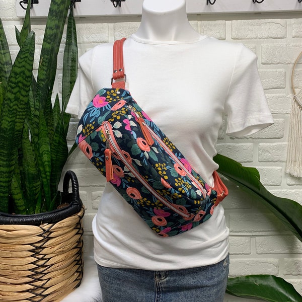 Jade Sling bag Rosa Floral and coral leather crossbody, Fanny pack, leather sling bag, leather crossbody, cotton and steel