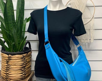 Bright Blue leather half moon hobo bag, crossbody hobo bag, Italian pebble grain leather purse,  turquoise sky blue leather handbag