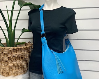 Blue leather hobo bag, crossbody large hobo bag,  leather purse, Italian pebble grain leather handbag, zippered hobo, handmade in maine