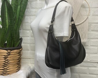 Black leather small hobo bag, leather shoulder purse, pebble grain leather handbag, zippered hobo, handmade in maine