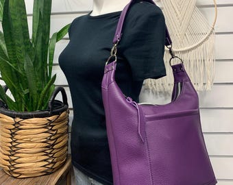 Italian leather bucket hobo bag, Purple wide shoulder strap bucket hobo bag, shoulder bag, Maine made