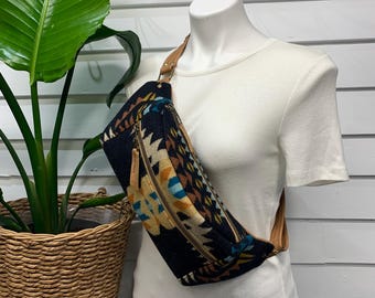 Crossbody Sling bag, wool and leather crossbody, Rancho arroyo black, leather Fanny pack, leather sling bag, wool and leather bag