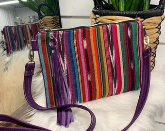 Guatemalan woven fabric and purple leather crossbody bag, XL Clutch Crossbody, pebble grain leather strap
