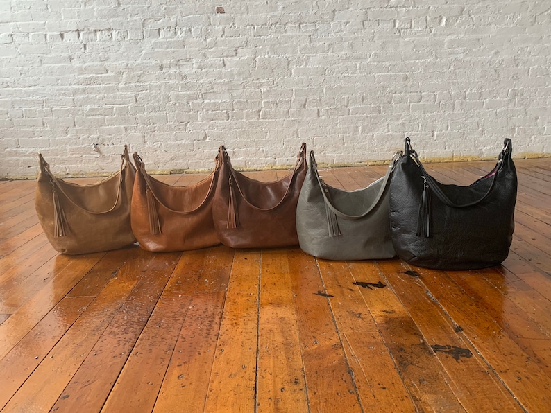 Black leather hobo bag small or large canvas lining zipper Etsy