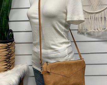 Caramel brown leather crossbody bag, pebble grain leather, light brown small crossbody clutch