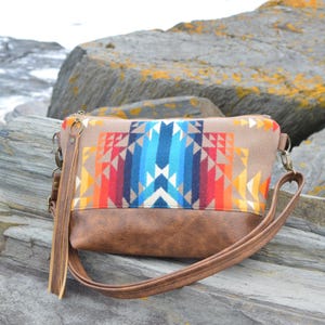 Wool and leather crossbody bag, saddle genuine leather, Pilot Rock wool fabric, brown leather crossbody bag, southwest crossbody bag