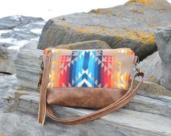 Wool and leather crossbody bag, saddle brown leather, Pilot Rock wool fabric, brown cowhide leather crossbody bag, southwest style