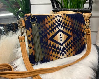 Wool and leather crossbody bag, Navy Trails wool, caramel pebble grain leather strap