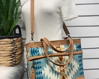 Wool leather tote, Rancho Arroyo aqua wool, caramel pebble grain leather, tote bag, wool shoulder bag, leather crossbody tote bag