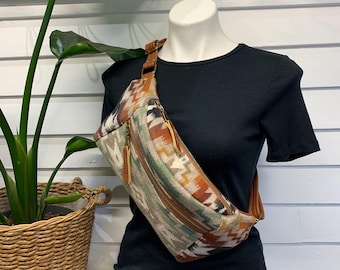 Crossbody Sling bag, wool and spice brown leather crossbody, Mesilla wool, leather sling bag, southwest wool and leather bag