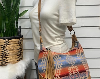 Wool and leather hobo bag, Desert Sky Canyonlands wool fabric, caramel brown leather, boho wool bag, hobo bag, crossbody bag, Maine made