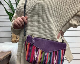 Guatemalan woven print leather crossbody bag, purple Italian leather, cowhide leather clutch crossbody, small crossbody clutch