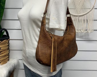 Saddle brown leather small hobo bag, leather shoulder purse, pebble grain leather handbag, zippered hobo, handmade in maine