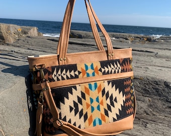 Wool leather tote, Rancho Arroyo black wool fabric, caramel leather, tote bag, wool shoulder bag, leather crossbody tote bag