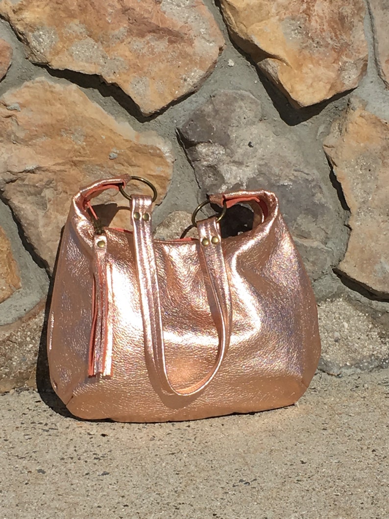 Rose Gold Leather Hobo Bag Smaller Size Metallic Leather Etsy