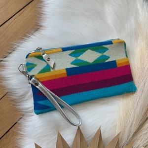 Wool and leather clutch wristlet, San Gabriel wool, Silver Metallic leather, leather clutch wallet, made in maine