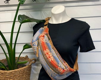 Crossbody Sling bag, wool and leather crossbody, Desert Sky Canyonlands wool, caramel leather sling bag, southwest wool and leather bag