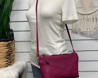Berry leather crossbody bag, Italian leather, small crossbody clutch, pink violet purple