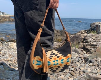 Wool and leather small hobo bag, Rancho Arroyo black wool, caramel pebble grain leather shoulder purse, zippered hobo, handmade in maine