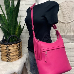 Pink leather bucket hobo bag, crossbody bucket bag, hot pink genuine leather, hobo bag, hot pink shoulder bag, Maine made, leather crossbody