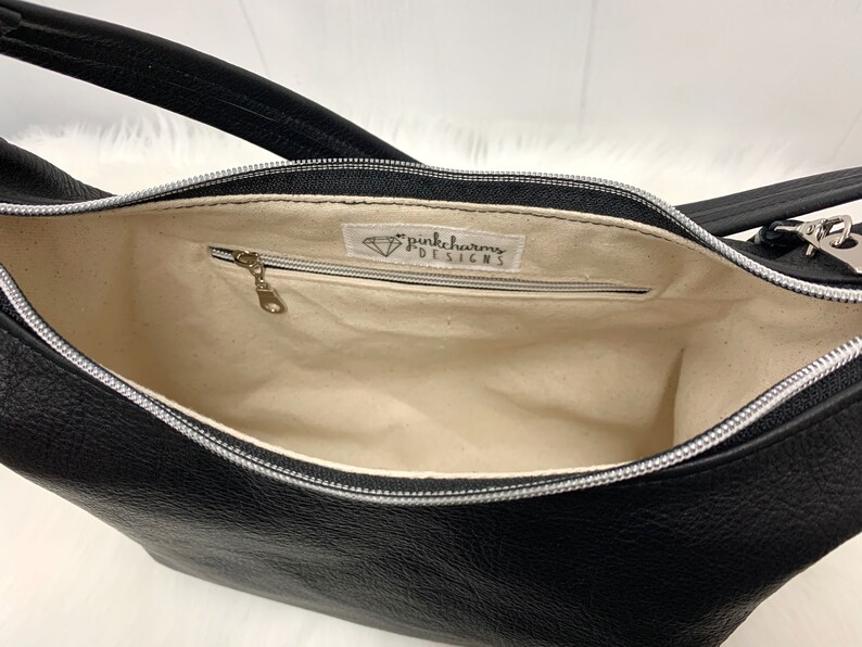 Black leather hobo bag small or large canvas lining zipper Etsy