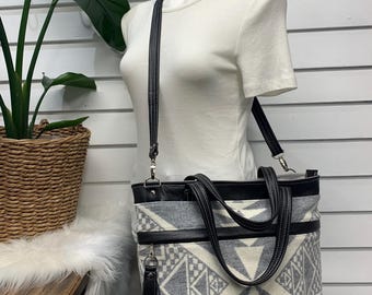 Wool leather tote, Diamond Ridge wool fabric, black pebble grain leather, tote bag, wool shoulder bag, leather crossbody tote bag