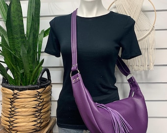 Purple leather half moon hobo bag, crossbody hobo bag, Italian pebble grain leather purse, leather crescent handbag