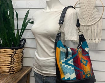Wool and leather Bucket bag, All Over Turquoise wool print, black leather, southwest shoulder bag, sunset wool