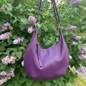 Purple leather hobo bag, crossbody large hobo bag,  leather purse, Italian pebble grain leather handbag, zippered hobo, handmade in maine