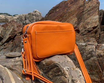 Orange Italian Leather square crossbody bag, leather box shape bag, pumpkin orange Italian pebble grain leather