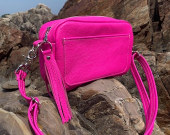 Hot pink Italian Leather square crossbody bag, leather box shape bag, Dream Pink Italian pebble grain leather