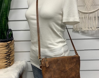 Saddle brown leather crossbody bag, Pebble grain leather, small crossbody clutch