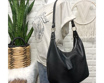 Black leather hobo bag, large hobo bag, zipper closure, handmade genuine leather hobo, Maine made, leather shoulder bag