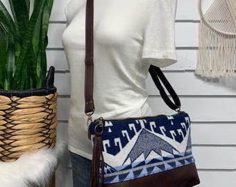 Wool and leather crossbody bag, dark brown waxed full grain leather, Trailhead blue wool, southwest crossbody bag