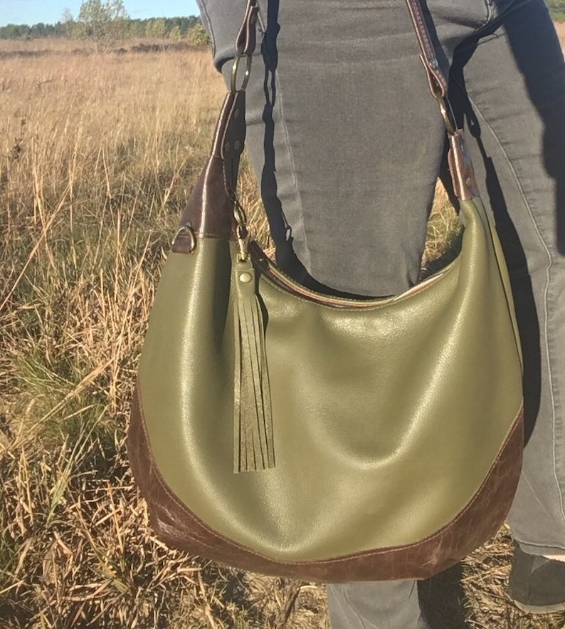 Olive leather hobo bag two tone olive green and distressed Etsy
