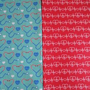 Free Shipping: Heartbeat and Stethoscope Fabric Fat Quarters/Doctor & Nurse Fabric Bundle/Front Line Hero 100% Cotton Quilt Fabric