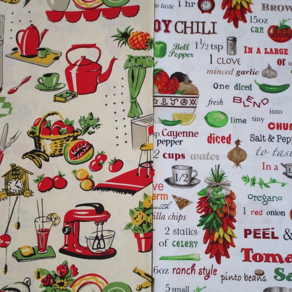 Free Shipping: Vintage Kitchen and Salsa Recipe Robert Kaufman Fabric Bundle/Fat Quarter/Food and Cooking Fabric/100% Cotton Fabric