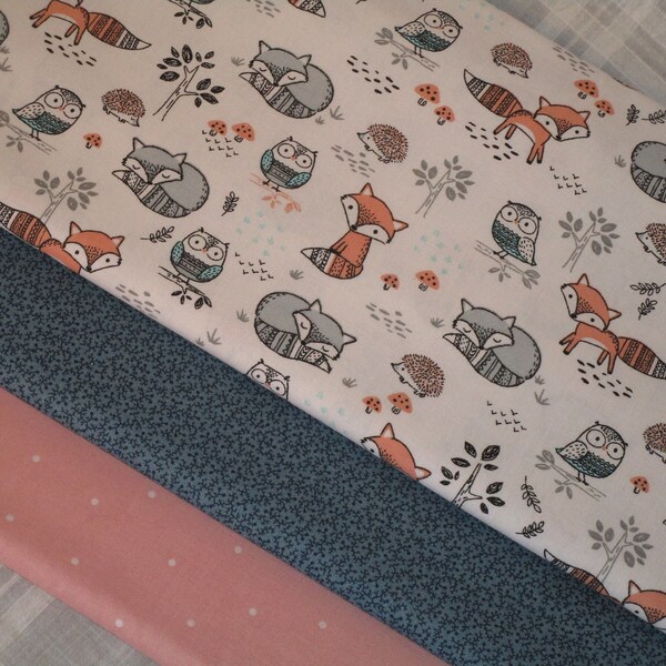 Free Shipping: Sweet Woodland Critters Cotton Quilt Fabric Large Remnant Bundle/Blue, Peach, Gray Baby Fabric/Craft Supply/Scrap Fabric