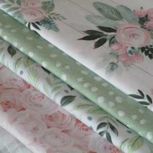 Free Shipping: Vintage Boho Shabby Chic Fabric Bundle/Roses & Shiplap Fabric/Pink, Sage Green Floral Wood Fat Quarters/Baby Girl Fabric