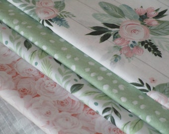 Free Shipping: Vintage Boho Shabby Chic Fabric Bundle/Roses & Shiplap Fabric/Pink, Sage Green Floral Wood Fat Quarters/Baby Girl Fabric