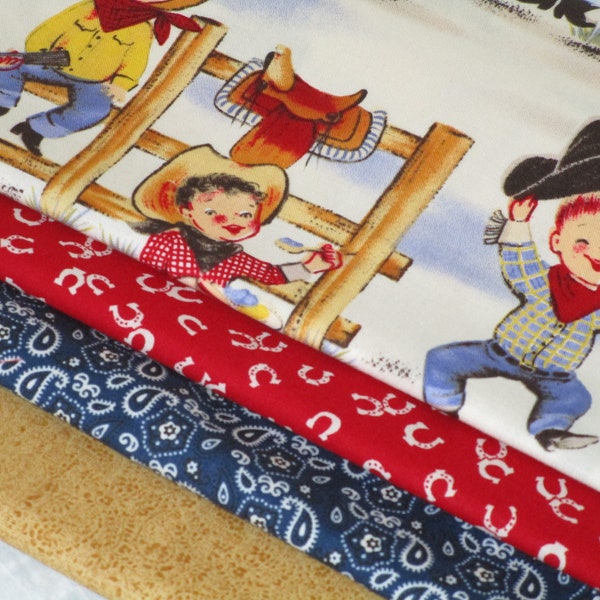 Free Shipping: Micheal Miller Lil Cowpoke, Horseshoe, Bandana Fabric Bundle/Vintage Cowboy Western Fabric/Boy 100% Cotton Quilt Fabric