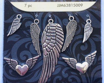 Silver Tone Charms 7 Pieces Feathers and Hearts with Wings