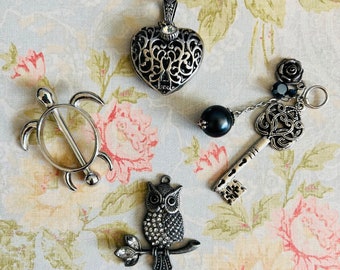 Silver Colored Pendants Your Choice Heart Key Owl Turtle  Jewelry Paper Craft Mixed Media Supplies