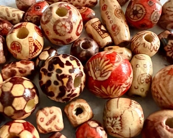 Wooden Beads Various Boho Patterns Different Sizes and Shapes 50 Piece Mixed Sets