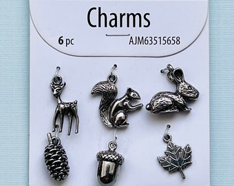 Woodland Creatures and Nature Silver Metal Charms Set of 6  Commercial Jewelry Making Supply from Cousin DIY Designs by Me